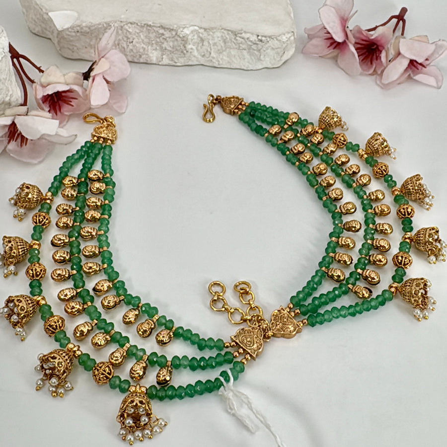 Green Pearl & Gold Drops Jhumka Ear Chain
