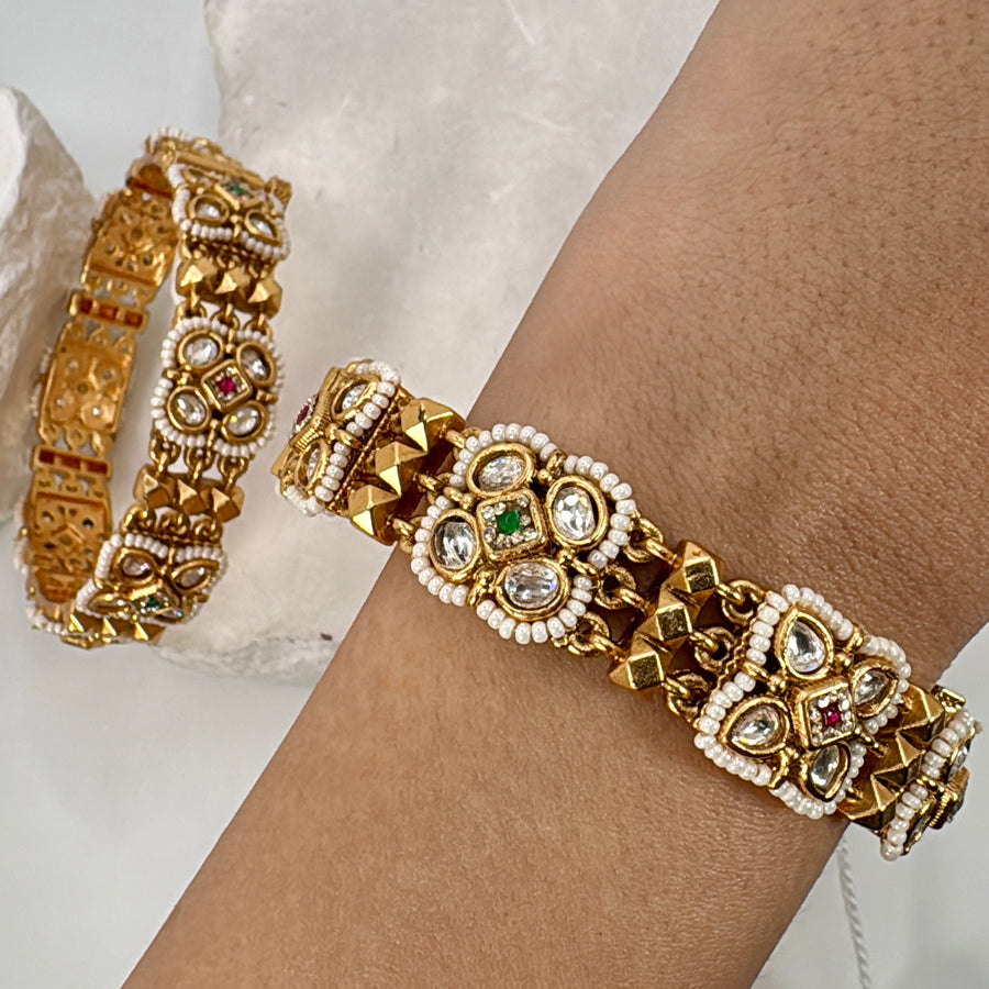 Multi Pearl Antique Gold Openable Bangle Pair (Size 2.6)