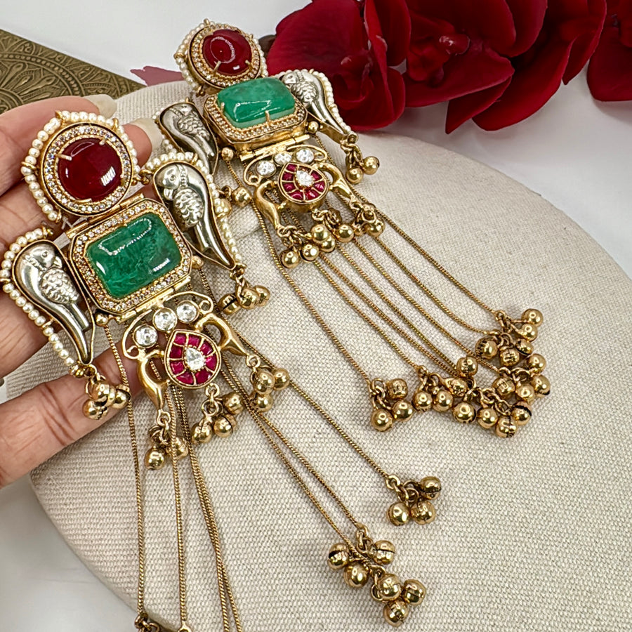 Red & Green Doublets Silver Lookalike Gold Kashmiri Earrings With Paachi Motifs