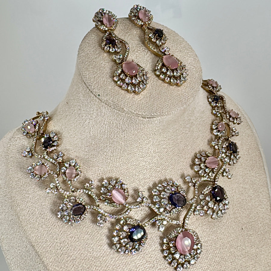 Purple Pink Cubic Zirconia Necklace Set