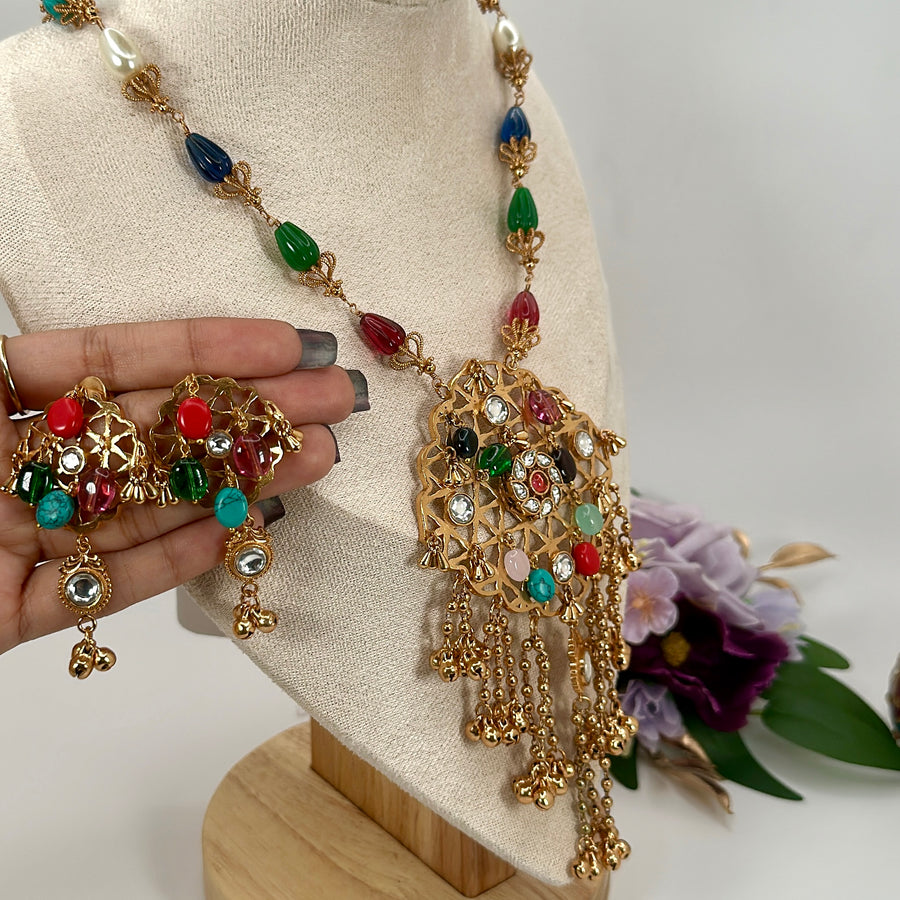 Multi  Navratan Apala Inspired Long Necklace Set
