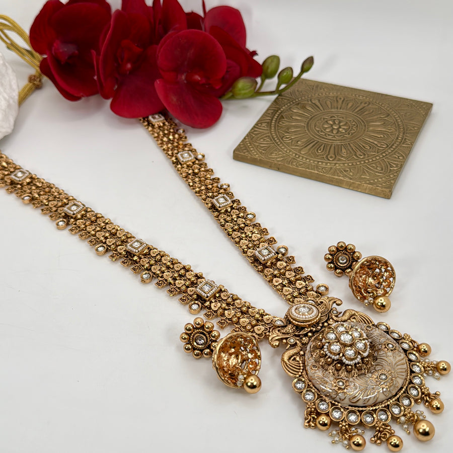 Clear Antique Gold Ivory Meenakari Kundan Long Necklace Set