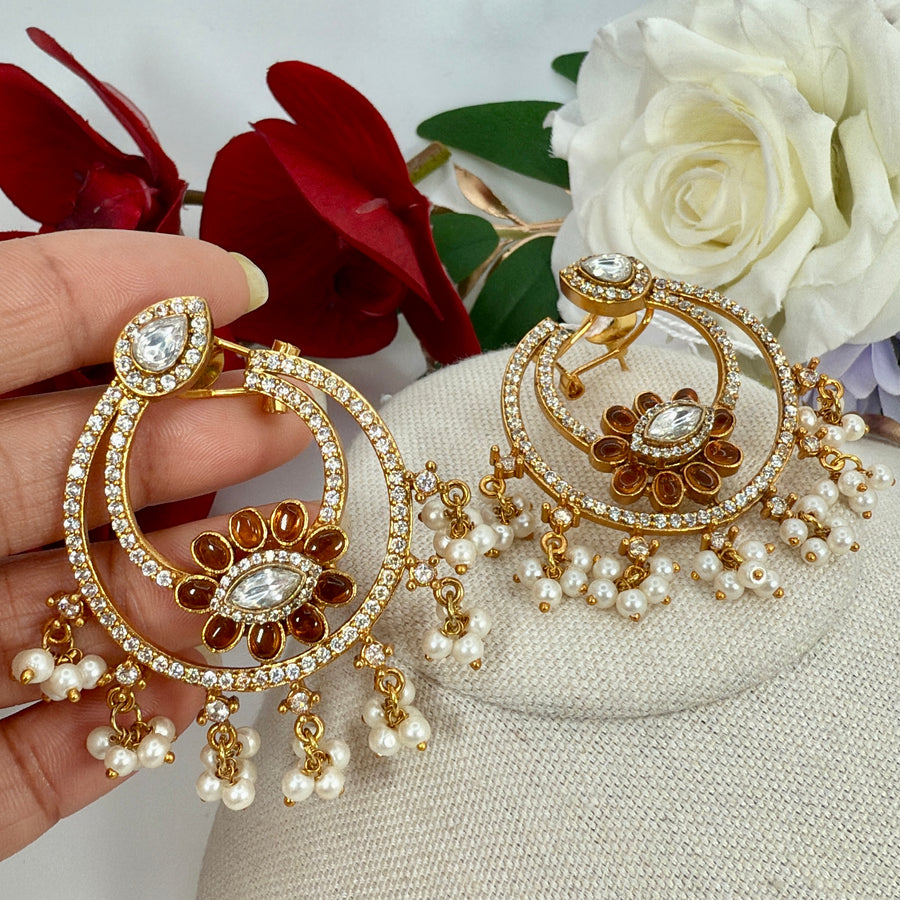Orange Pearl Moissanite Chand Bali Earrings