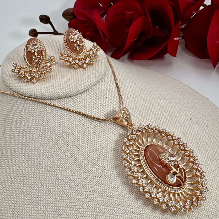 Champagne Marble Stone American Diamonds Pendant Necklace Set