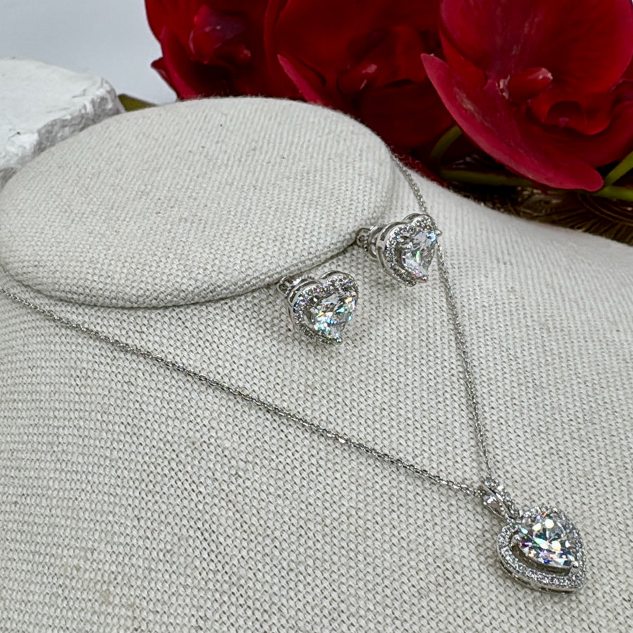 Clear Heart Italian Cubic Zirconia Pendant Necklace Set