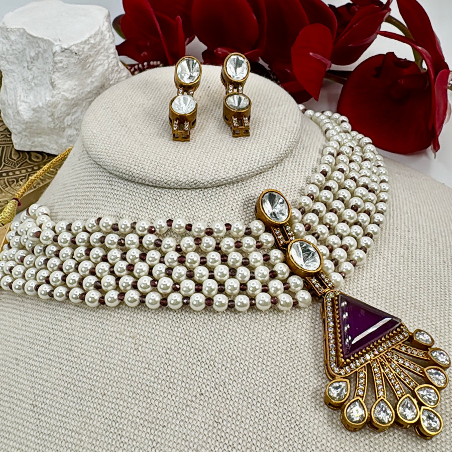 Purple Doublet Pearl Choker Necklace Set