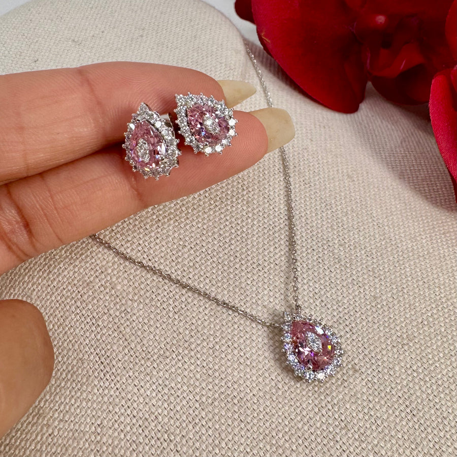 Pink Dainty Italian Cubic Zirconia Pendant Necklace Set