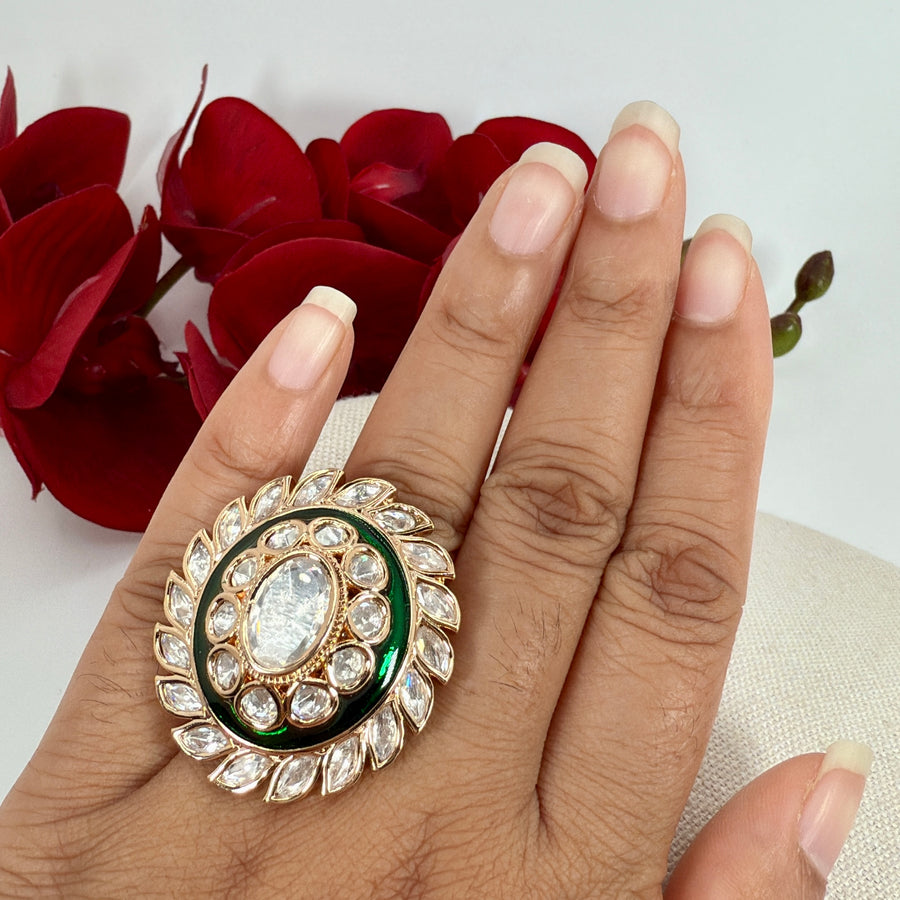 Green Meenakari Polki Kundan Adjustable Finger Ring