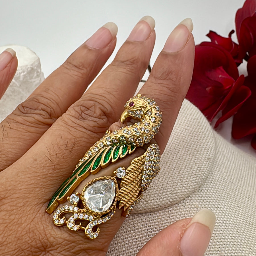 Green Jadau & Moissanite Statement Finger Ring