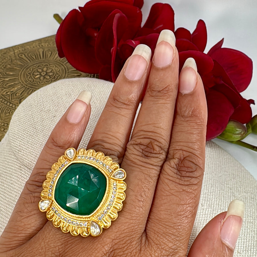 Green Doublet Moissanite Adjustable Finger Ring