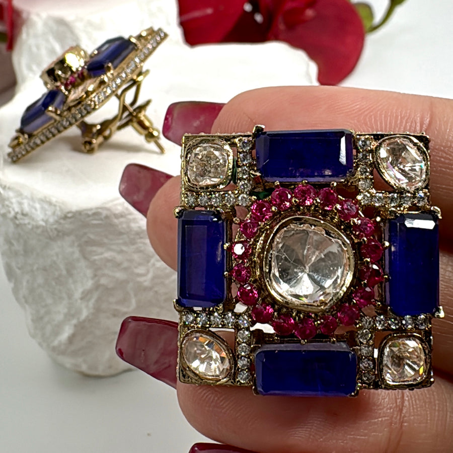 Blue Ruby Doublet Moissanite Square Stud Earrings