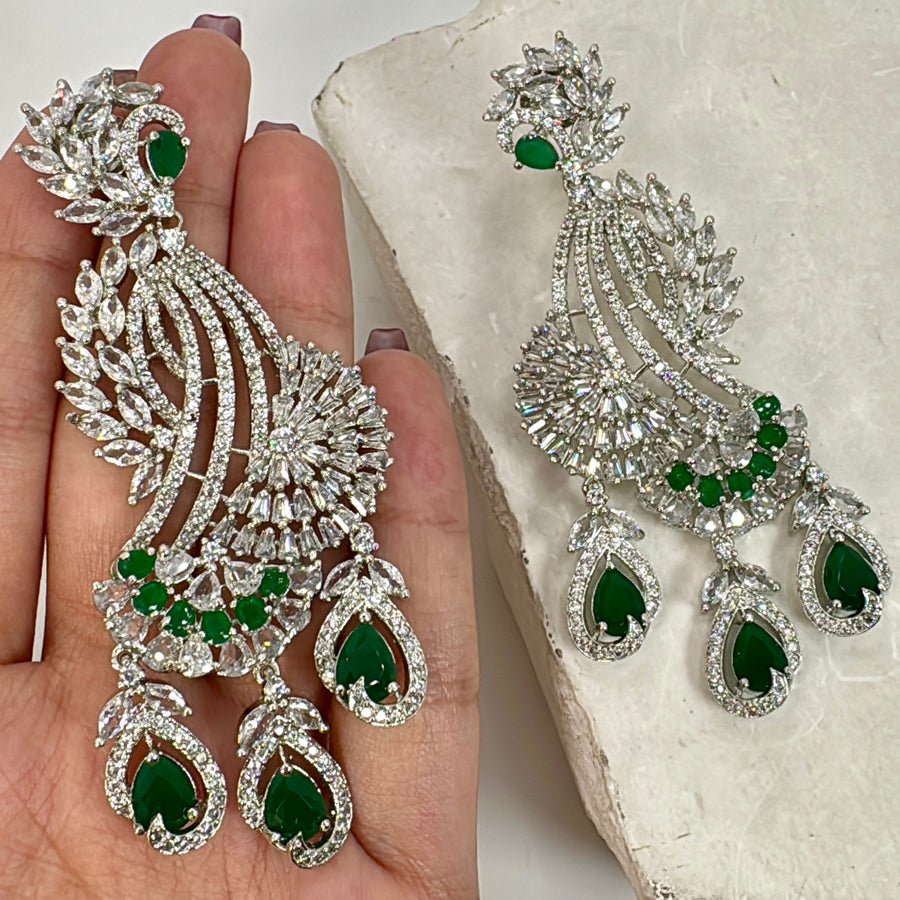 Green AAA Cut Cubic Zirconia Rhodium Plated Cocktail Earrings
