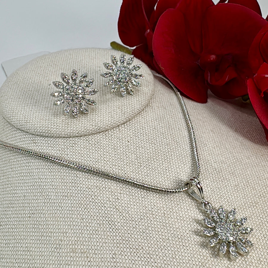 Clear Cubic Zirconia Rhodium Polish Flower Pendant Necklace Set