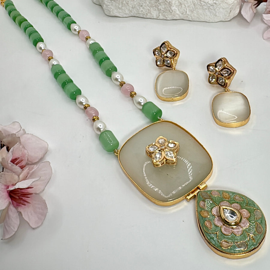 White Glass Stone & Mint Meenakari Kundan Necklace Set