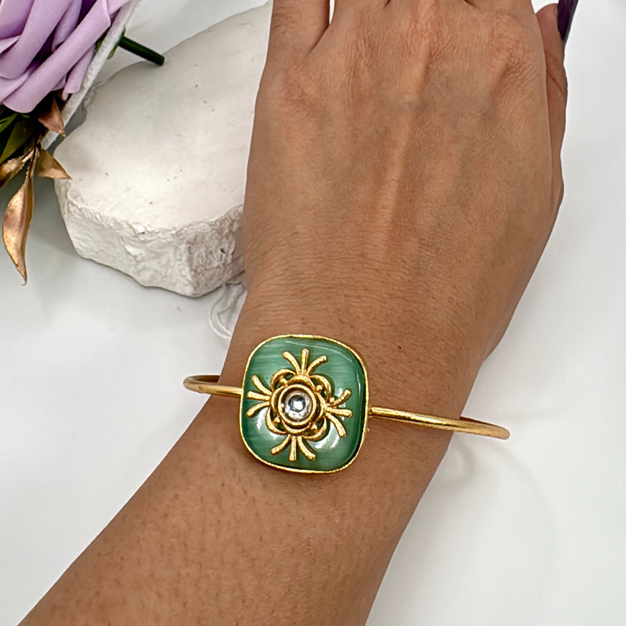 Mint Glass Stone With Inlay Work Cuff Bangle