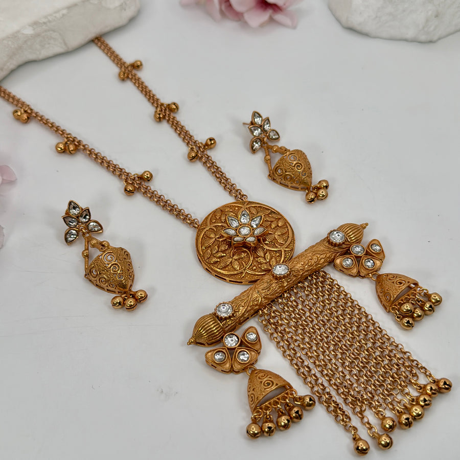 Clear Apala Inspired Antique Gold Pendant Long Necklace Set