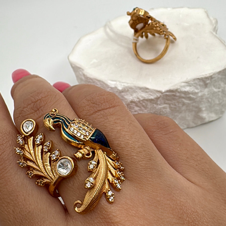 Blue Muti Meenakari Moissanite Adjustable Peacock Finger Ring