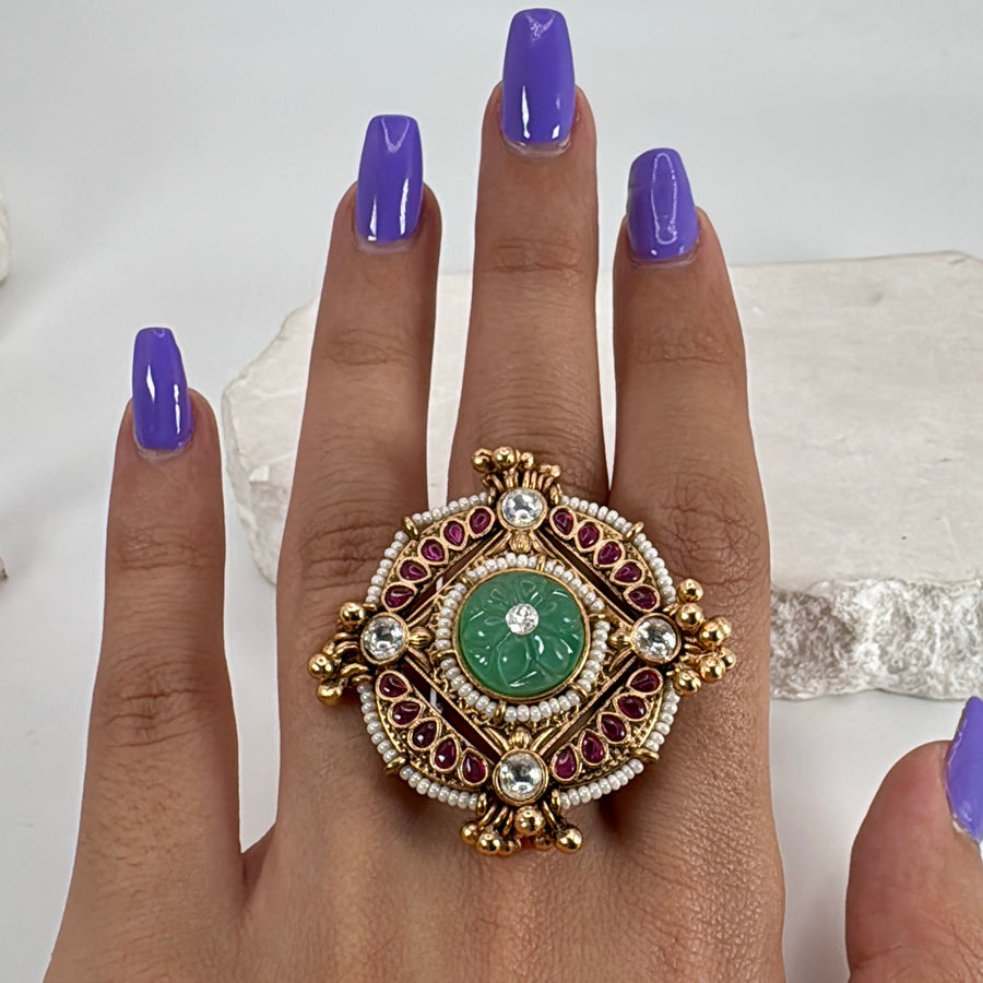 Mint Antique Gold Adjustable Statement Finger Ring