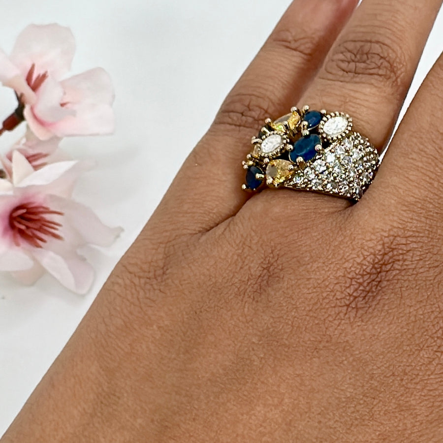 Blue Multi Cubic Zirconia American Diamonds Adjustable Finger Ring