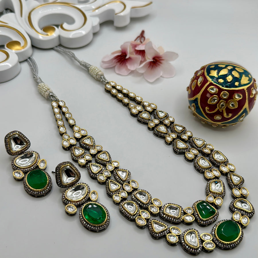 Green Two Layer Kundan & Doublet Necklace Set