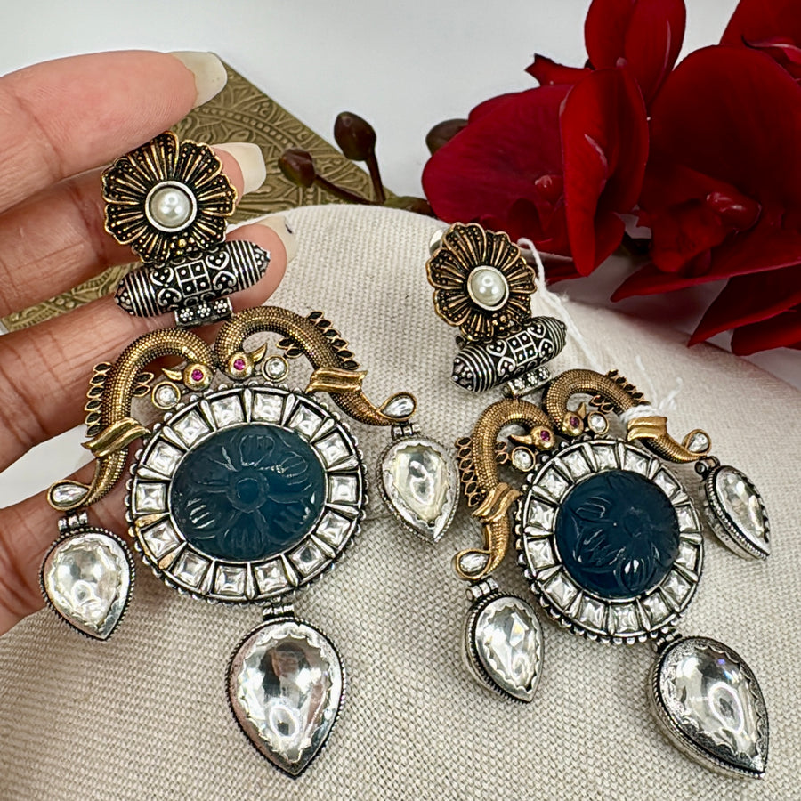 Blue Dual Tone Silver Lookalike Earrings