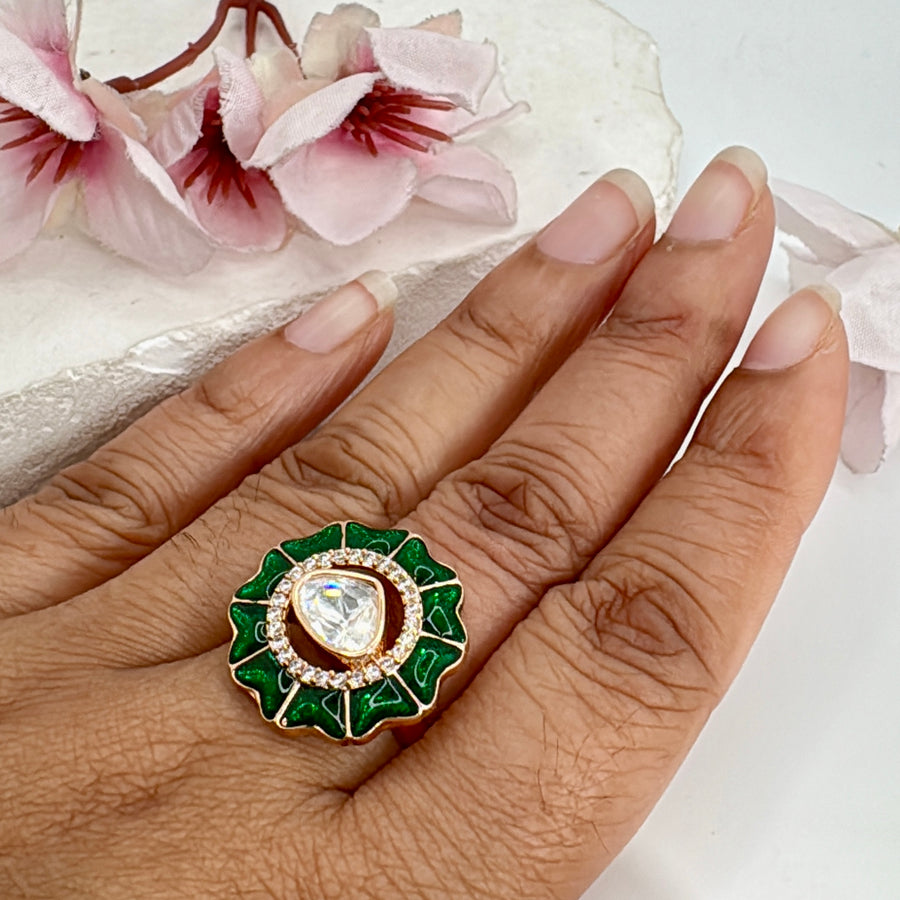 Green Meenakari Moissanite Adjustable Finger Ring