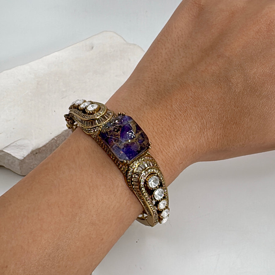 Purple Marble Stone Kundan Moissanite Openable Bangle( Fits Size 2.2-2.6)