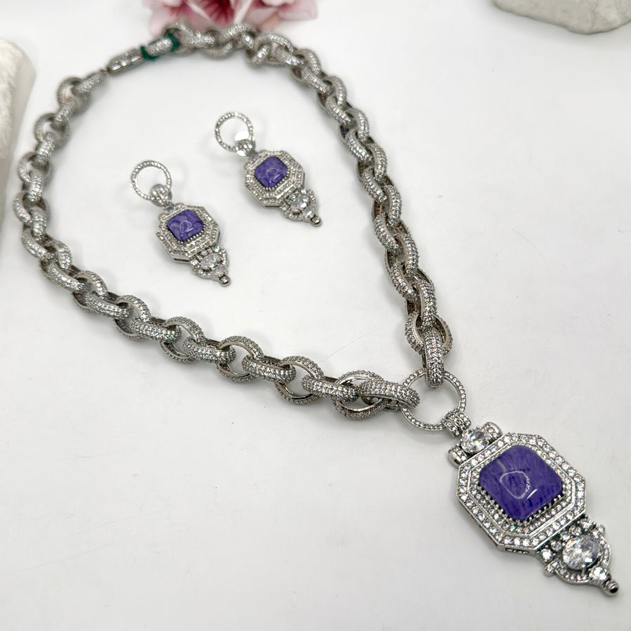 Purple Doublet Cubic Zirconia With Invisible Setting 92.5 Silver Plated Chain