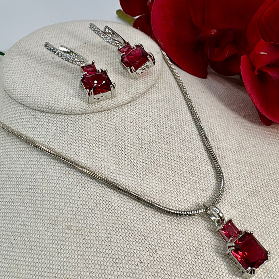 Ruby Cubic Zirconia Rhodium Polish Pendant Necklace Set