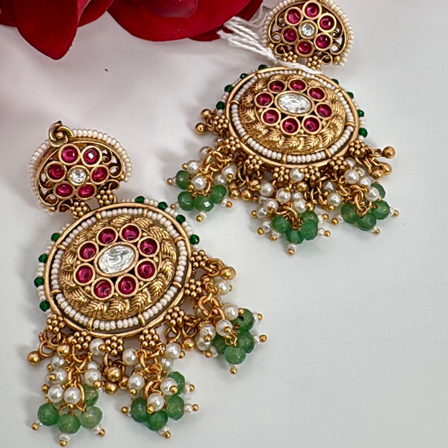 Mint & Ruby Antique Gold Earrings