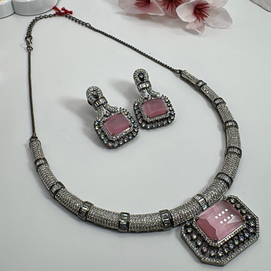 Pink Victorian American Diamonds CZ Necklace Set