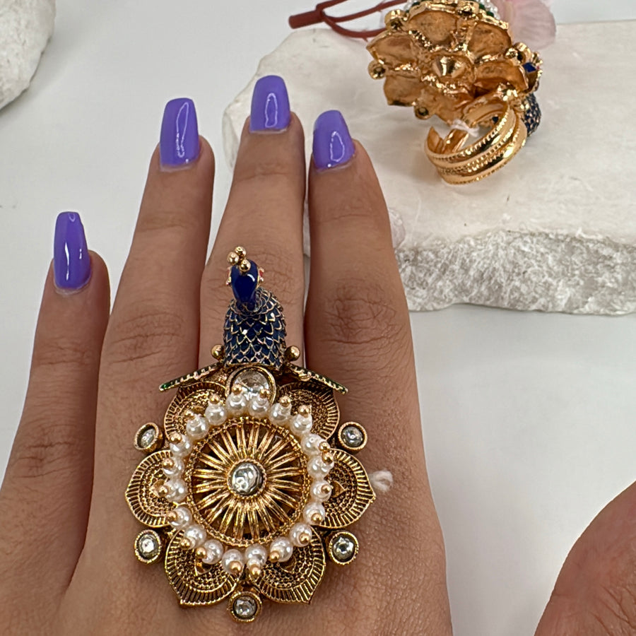 Blue Meenakari Kundan Peacock Adjustable Finger Ring
