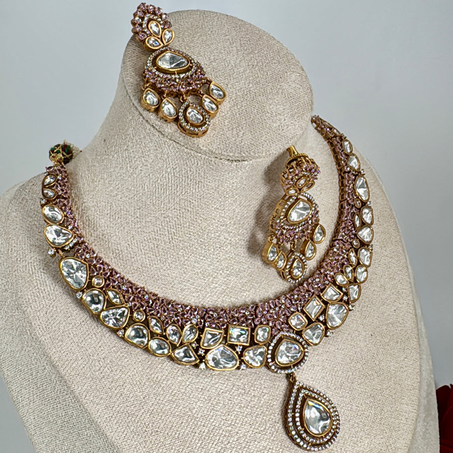 Pink Invisible Setting Polki Kundan Necklace Set