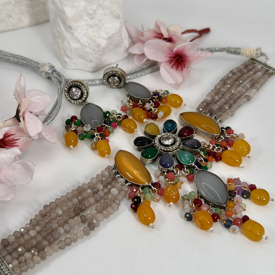 Grey & Yellow Multi Stone Contemporary Choker Necklace Set