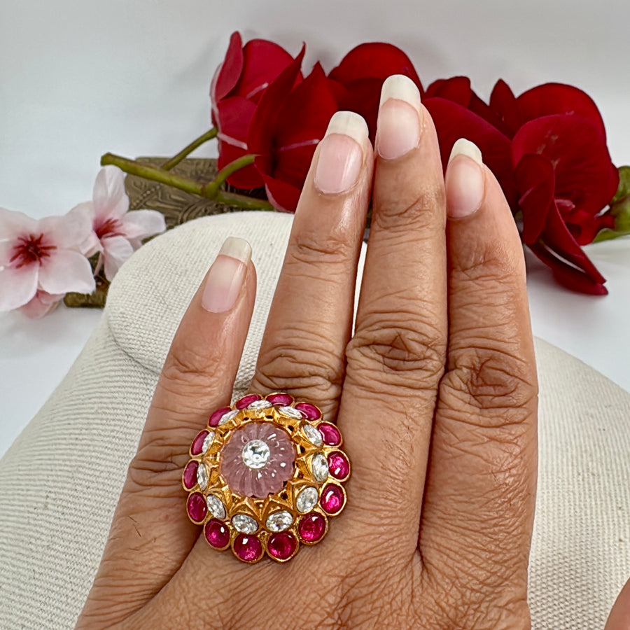 Ruby Pink Jadau Moissanite Adjustable Finger Ring