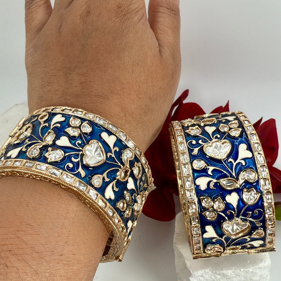 Blue Meenakari Moissanite Jadau Statement Openable Bangle Pair(Size 2.6)