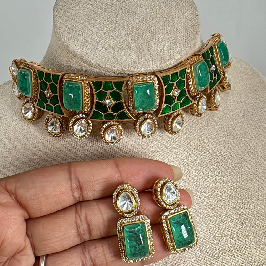 Green Jadau Moissanite Choker Necklace Set