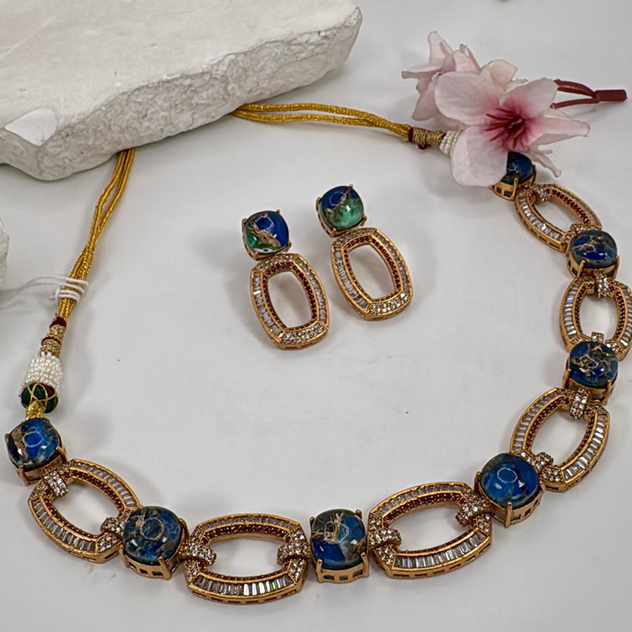 Blue Marble Stone & Baguette American Diamonds Cubic Zirconia Necklace Set