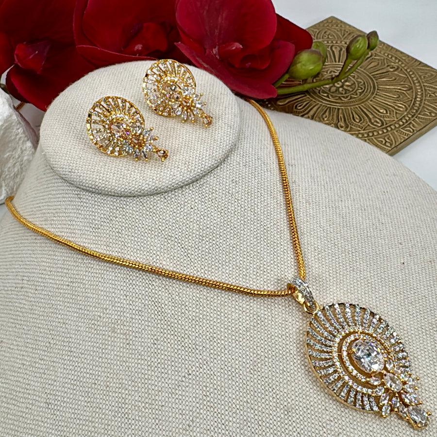 Clear Dual AAA Cut Cubic Zirconia 24 Carat Gold Plated Pendant Necklace Set