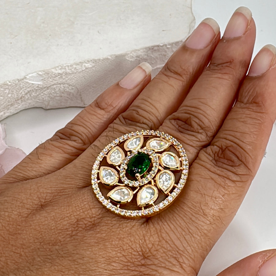 Green Tyaani Kundan Adjustable Finger Ring
