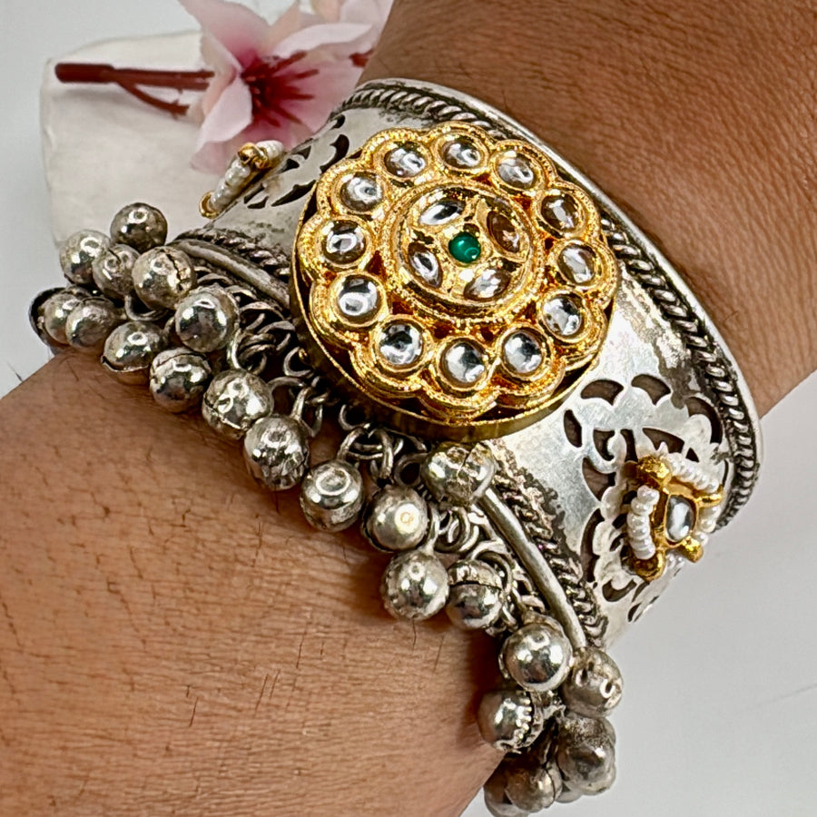 Clear Silver Lookalike Ghungroo Kundan Adjustable Cuff Bangle
