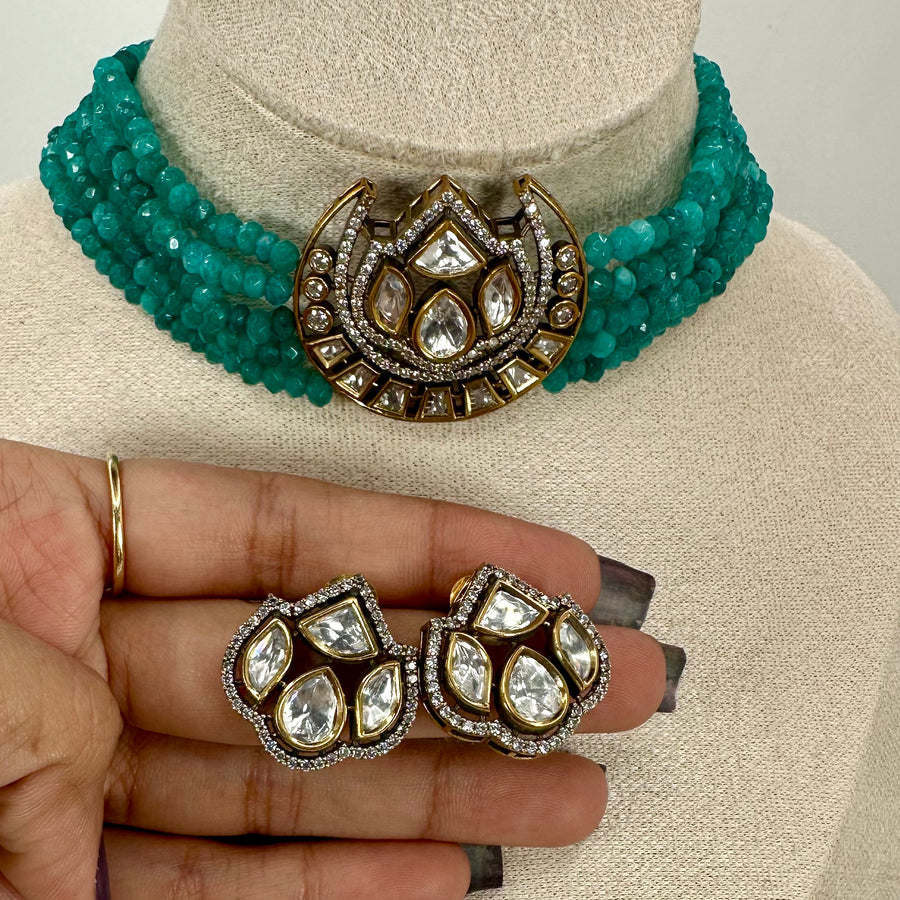 Turquoise Dual Tone Polki Kundan Choker Necklace Set