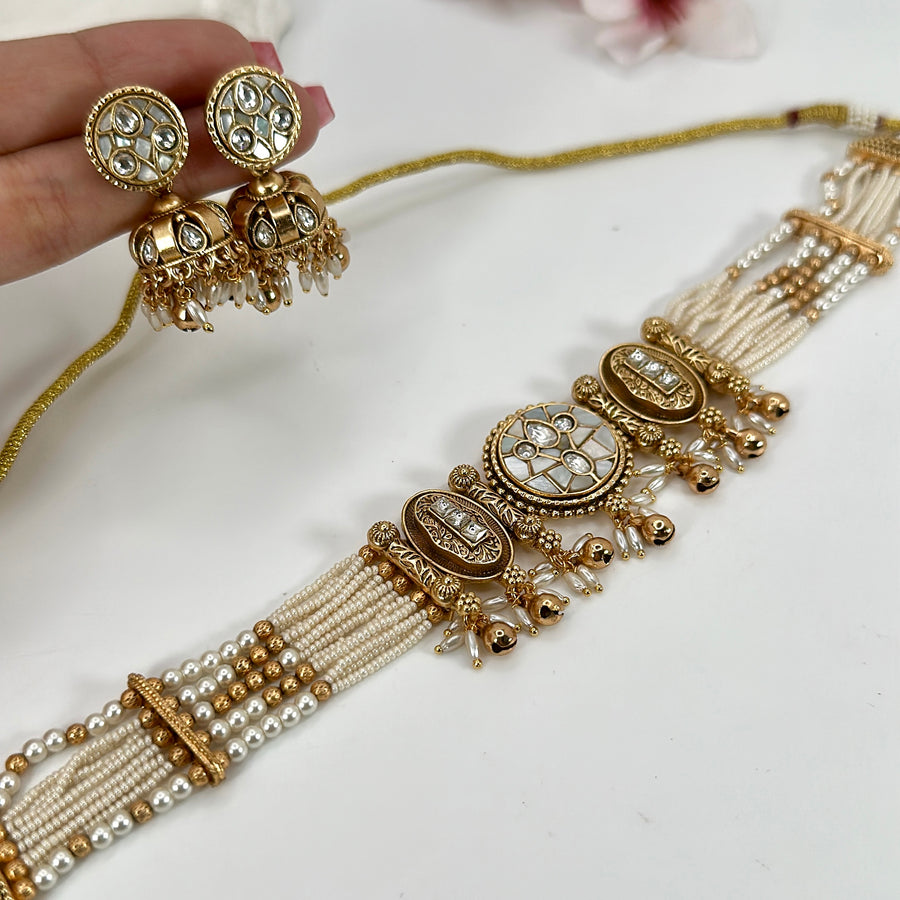 Clear MOP Pearls Choker Necklace Set