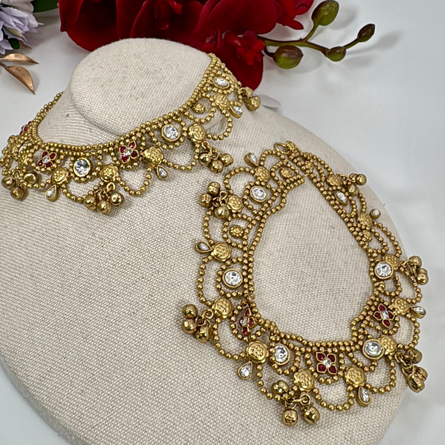 Ruby Kundan Gold Anklet Pair