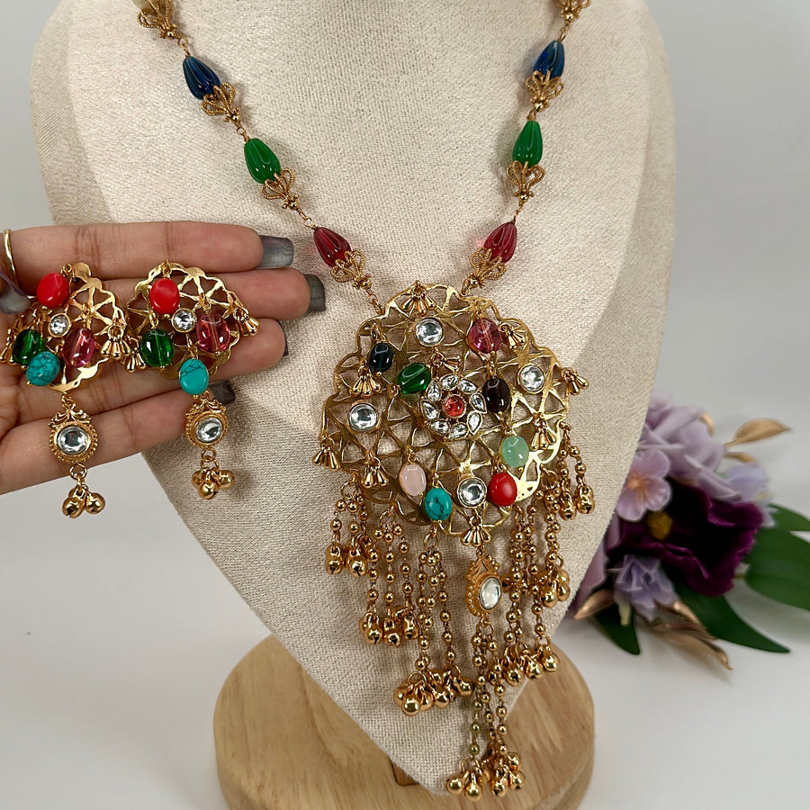 Multi  Navratan Apala Inspired Long Necklace Set
