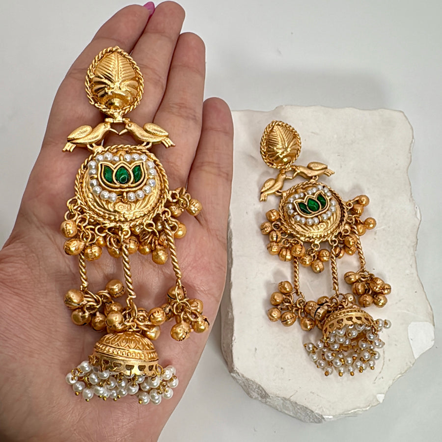 Green Silver Lookalike Gold Ghungroo With Paachi Motifs Jhumka Earrings