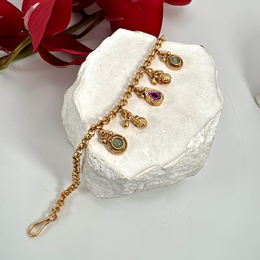 Multi Charms Antique Gold Kundan Flexible Bracelet