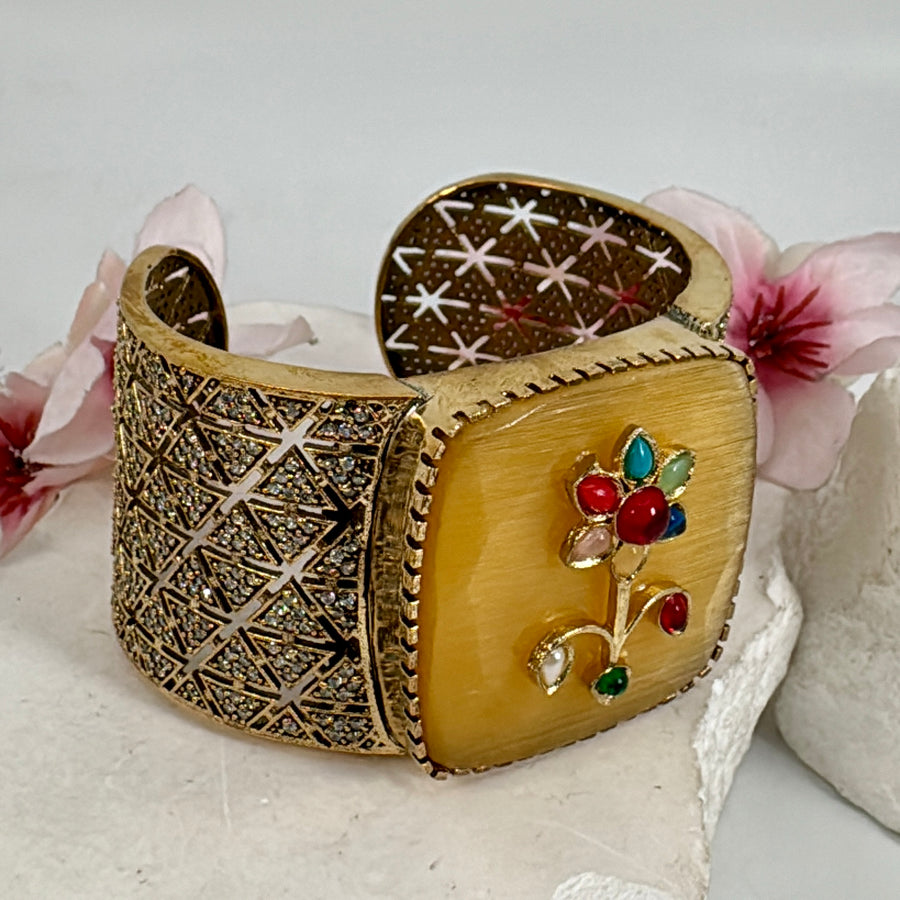 Yellow Glass Stone With Inlay Work American Diamonds Cuff Bangle(One Size Fits All)