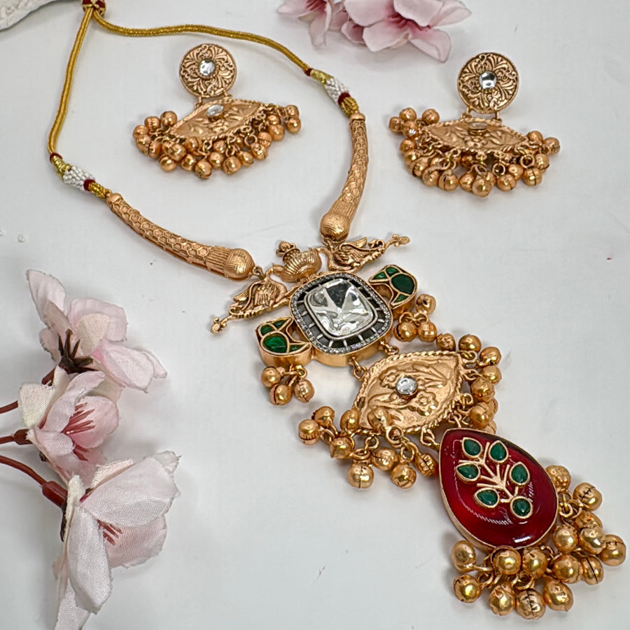 Ruby Silver Lookalike Gold Glass Stone With Inlay Work Hasli Necklace Set