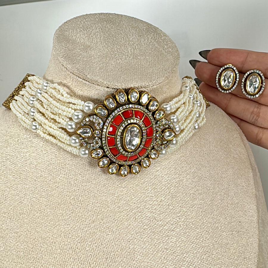 Coral Red Jadau Moissanite Choker Necklace Set